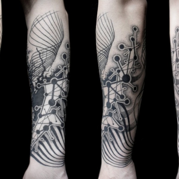 Black ink detailed forearm tattoo of DNA