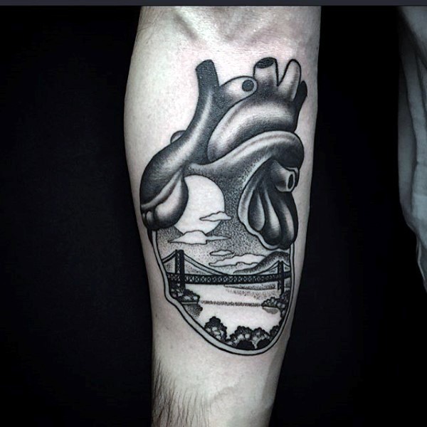 Black ink dit style large human heart tattoo stylized with big bridge