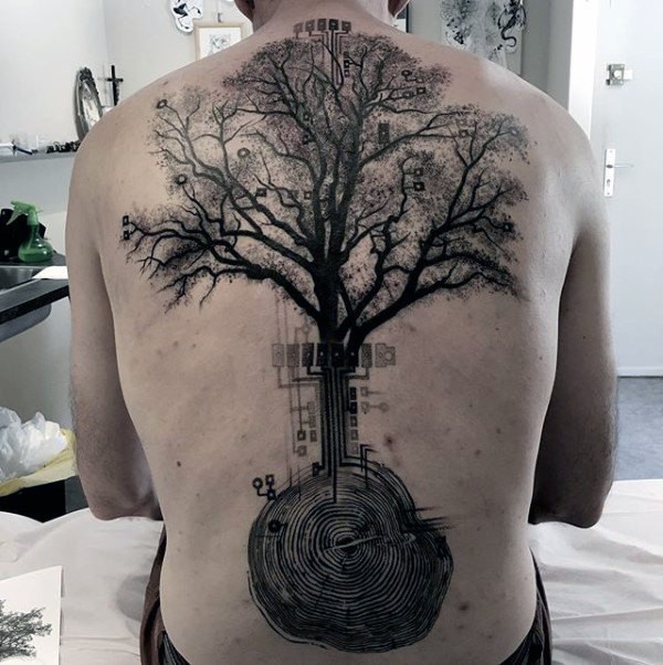 Black ink electronics like creative whole back tattoo of big tree