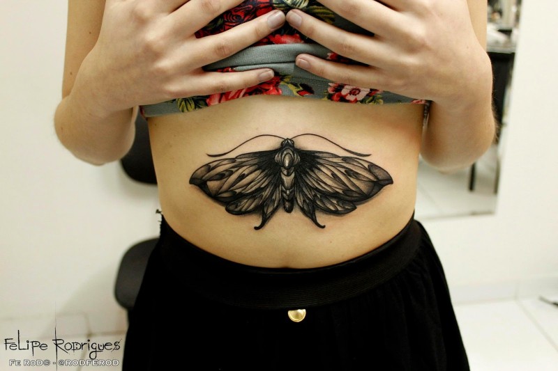Black ink engraving style belly tattoo of small butterfly