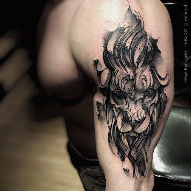 Black ink engraving style shoulder tattoo of cool lion