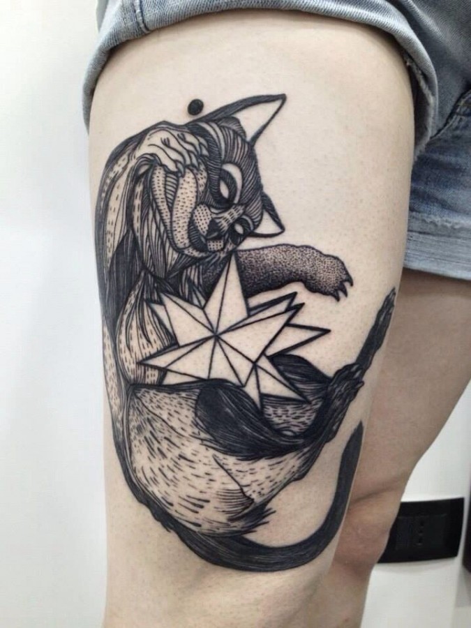 Black ink engraving style thigh tattoo of cool raccoon with star