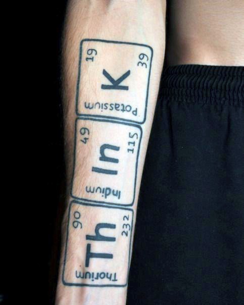 Black ink forearm tattoo of chemistry elements with lettering