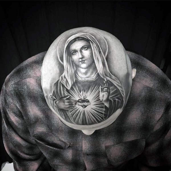 Black ink head tattoo of saint woman with heart