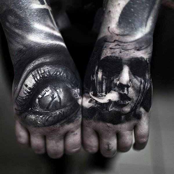 Black ink horror style creepy looking man portrait with mystical eye