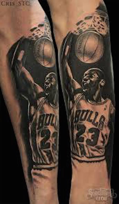 Black ink illustrative style forearm tattoo of air Jordan
