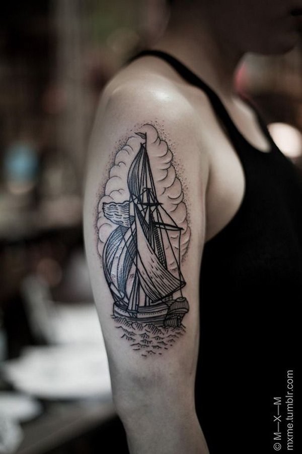 Black ink illustrative style shoulder tattoo of beautiful sailing ship