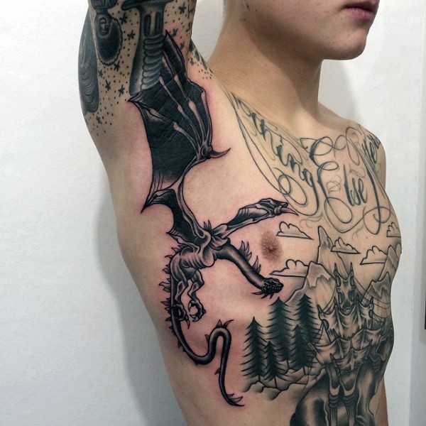Black ink illustrative style side tattoo of creepy dragon