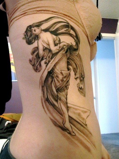 Black ink illustrative style woman tattoo on side