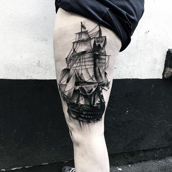 Black ink incredible looking thigh tattoo of sailing ship