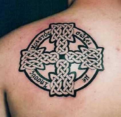 Black ink irish knot cross tattoo