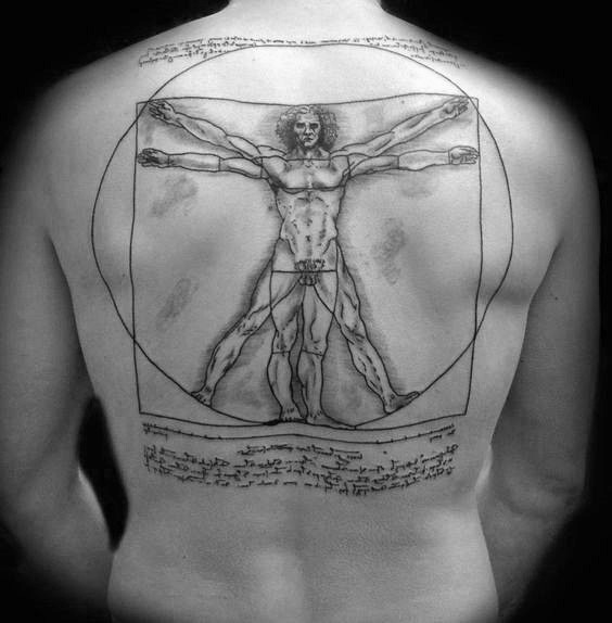 Black ink large Vitruvian man picture tattoo combined with lettering