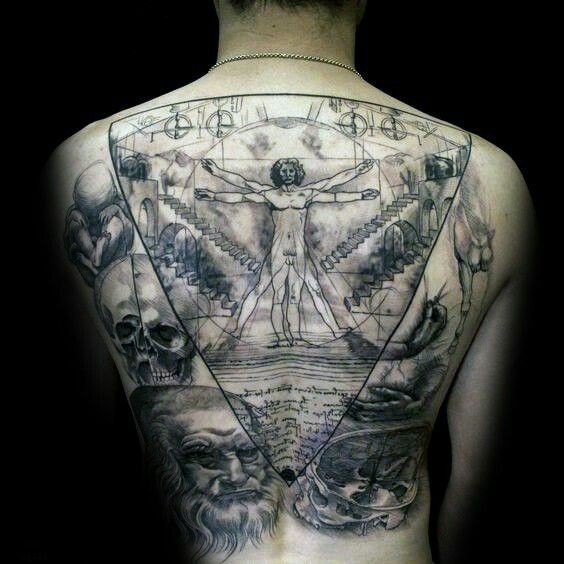 Black ink large whole back tattoo of Vitruvian man with various statues and skull