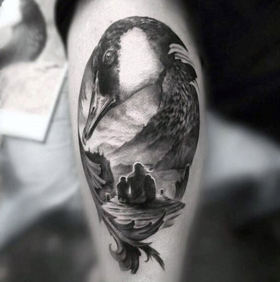 Black ink leg tattoo of father and soon with duck