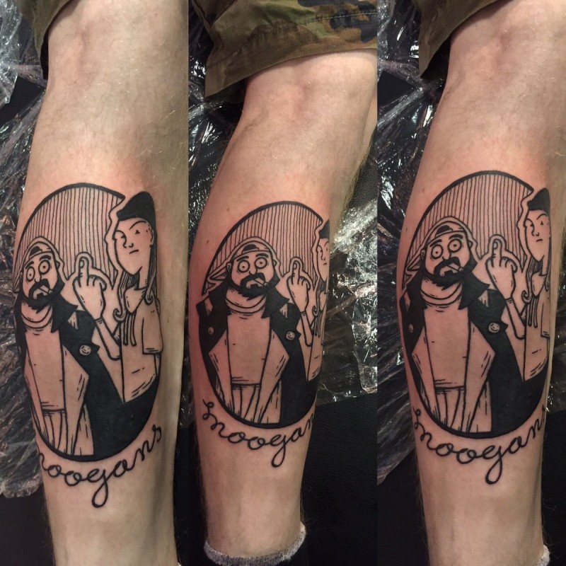 Black ink leg tattoo of funny thugs with lettering