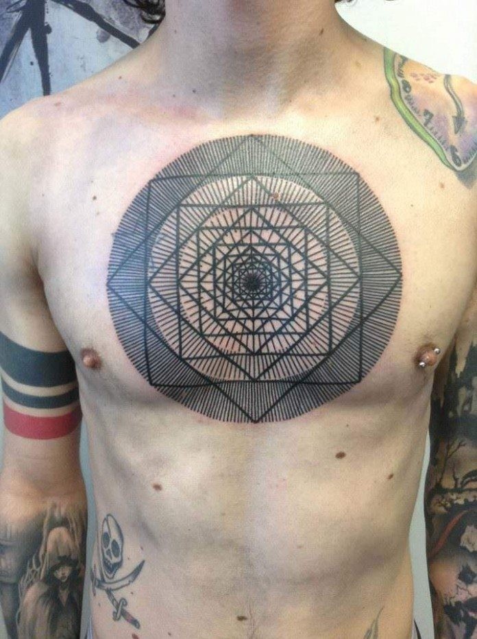 Black ink linework style chest tattoo of cool looking ornment