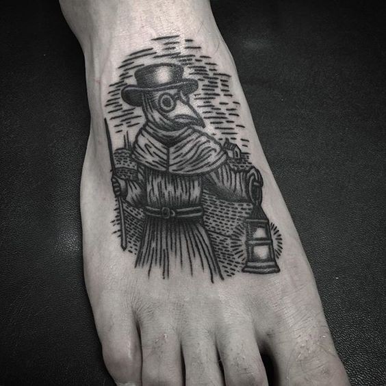 Black ink linework style small foot tattoo of plague doctor with gas lamp