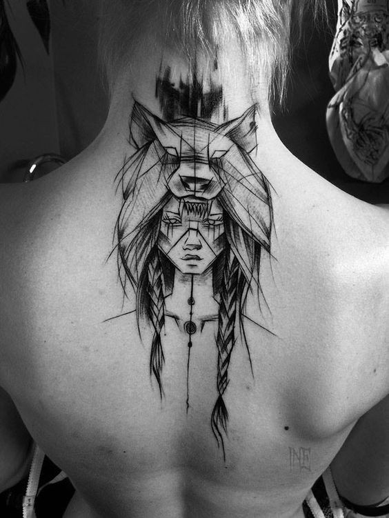 Black ink linework style upper back tattoo of ancient woman with wolf helmet