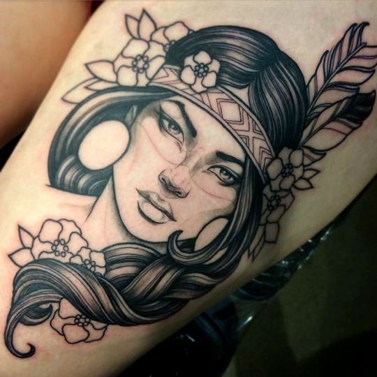 Black ink  modern style thigh tattoo of Indian woman with flowers