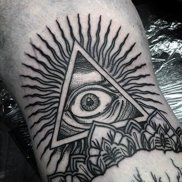 Black ink mystical triangle with eye tattoo