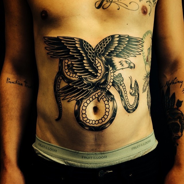Black ink old school style eagle and snake tattoo