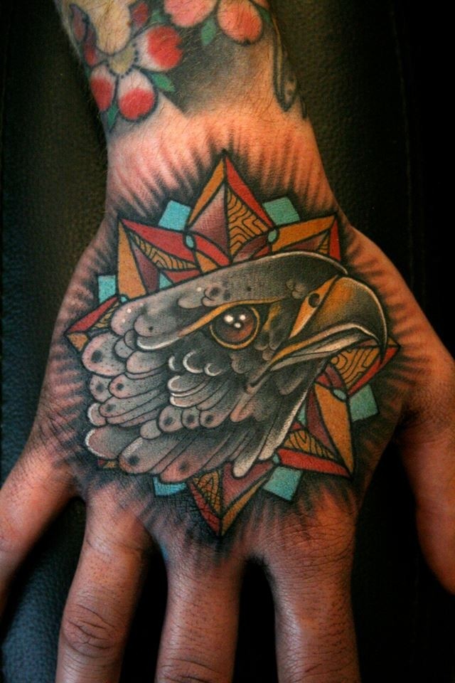 Black ink old shool style hand tattoo of eagle with stars
