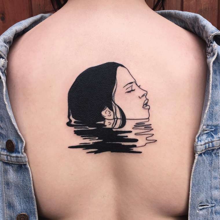 Black ink original designed upper back tattoo of swimming woman