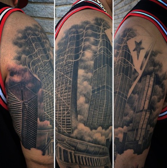 Black ink realism style big city houses tattoo on shoulder