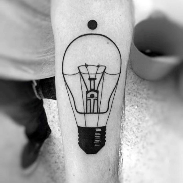 Black ink realism style forearm tattoo of bulb with black dot