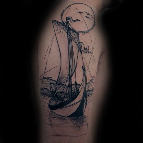 Black ink shoulder tattoo of old sailing ship