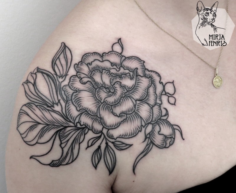Black ink shoulder tattoo of simple rose with leaves