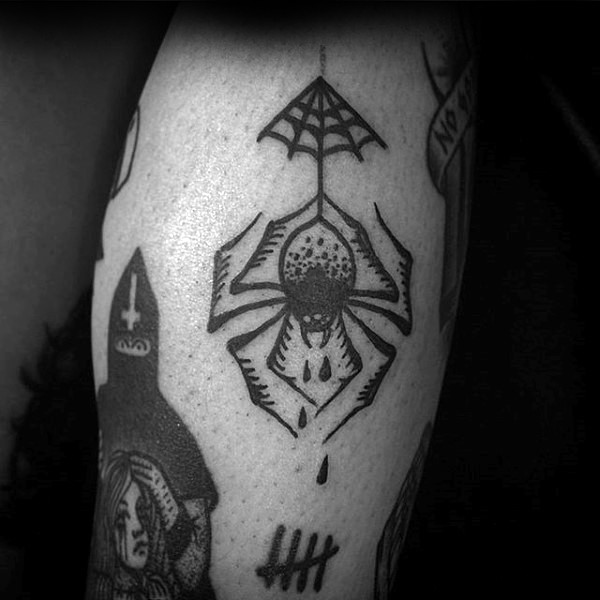 Black ink side tattoo of big spider with small web
