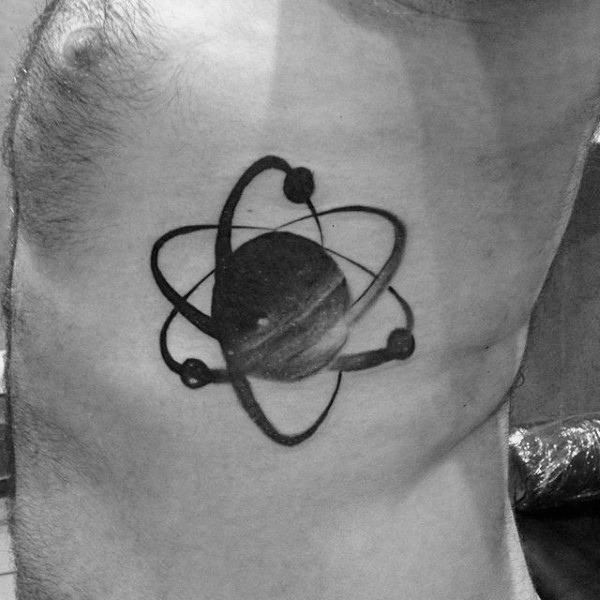 Black ink side tattoo of creepy looking atom
