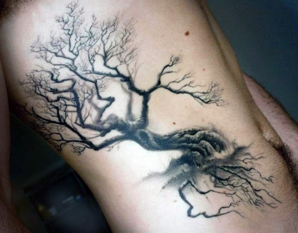 Black ink side tattoo of lonely tree with broken branch