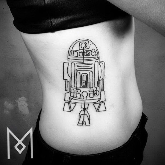 Black ink side tattoo of R2D2 Star Wars droid