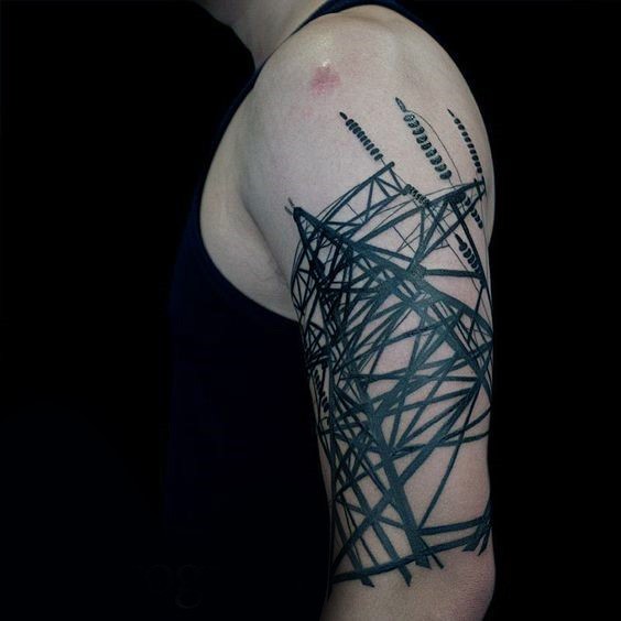 Black ink simple looking shoulder tattoo of large electricity line tower