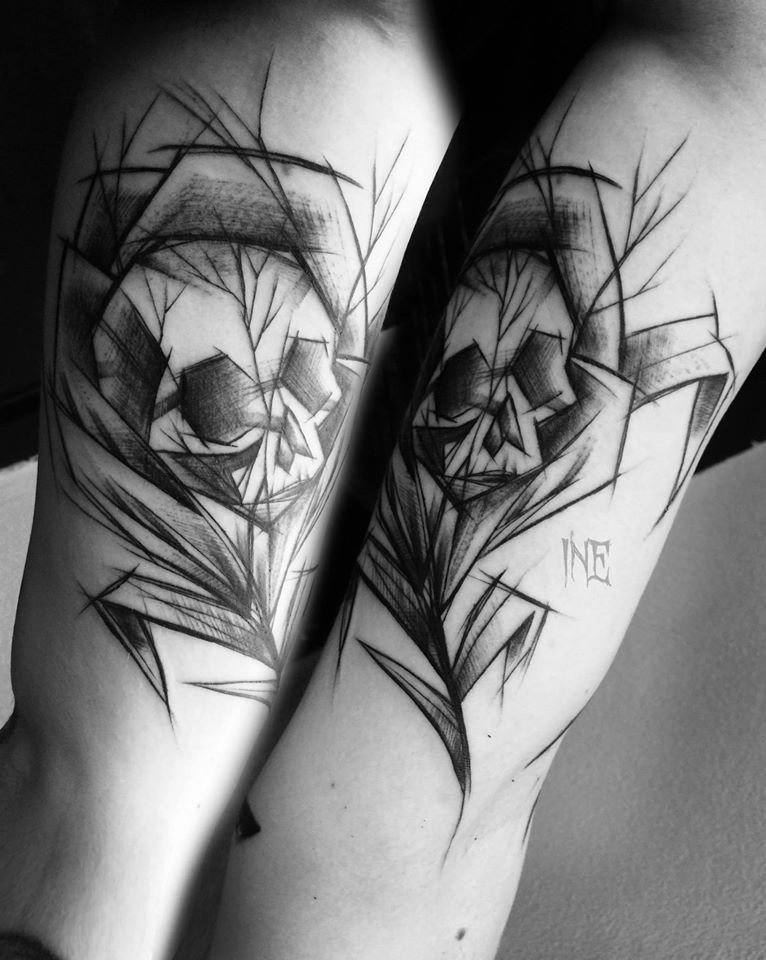 Black ink sketch style arm tattoo of human skeleton