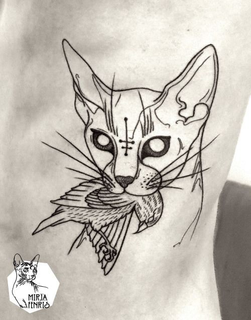 Black ink sketch style side tattoo of cat with dead bird