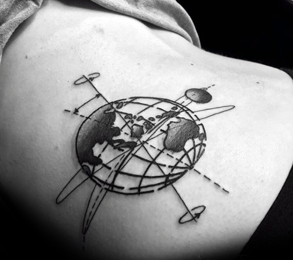 Black ink small scapular tattoo of planets