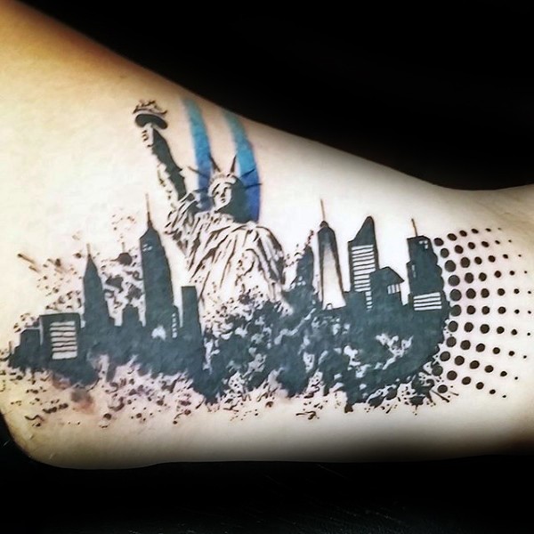 Black ink tattoo of New York city sighs