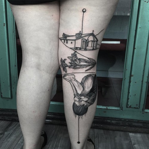 Black ink thigh tattoo of little house with flowers and little baby