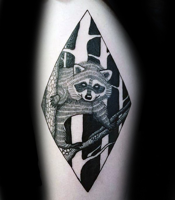 Black ink thigh tattoo of raccoon on forest tree