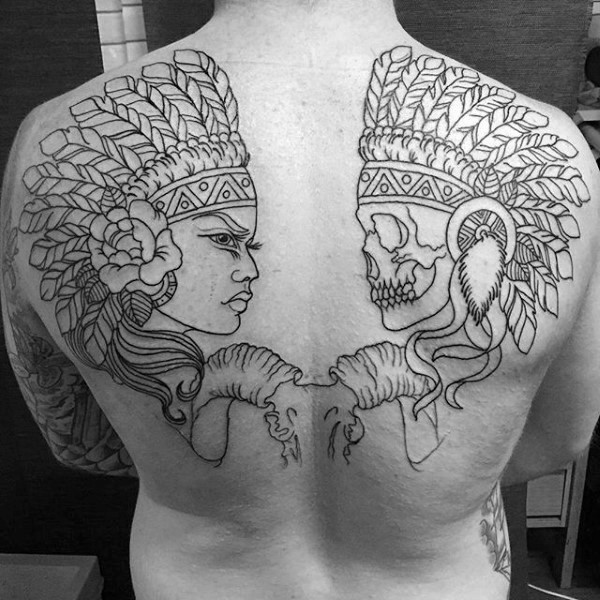 Black ink very back tattoo of Indian skull with woman