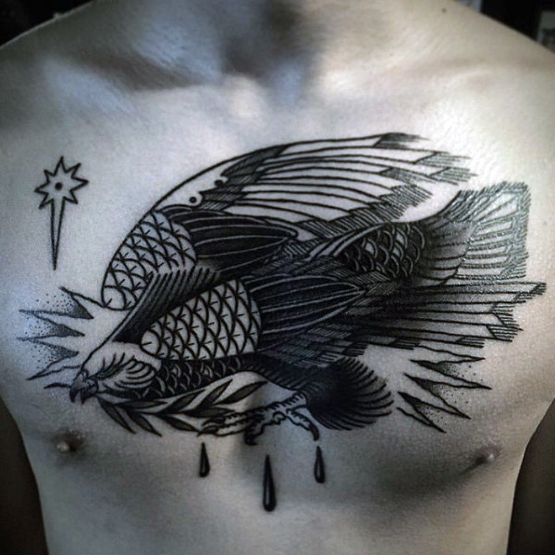 Black ink vintage eagle tattoo on chest with leaves