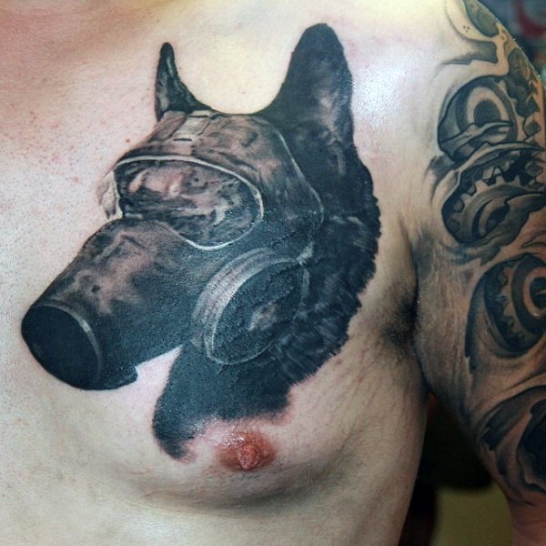 Black ink vintage style chest tattoo of dog in gas mask