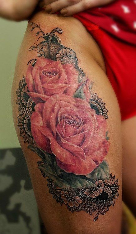 Black lace and pink rose thigh tattoo for women by Nastya Vilks