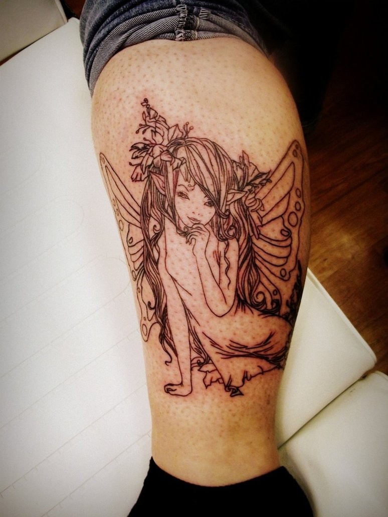 Black lines cute fairy tattoo on leg
