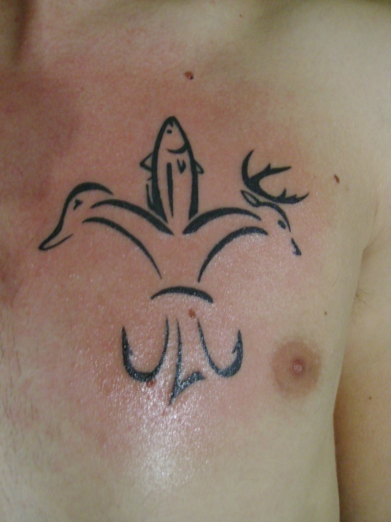 Black lines fleur de lis consisting of animal silhouettes tattoo on chest
