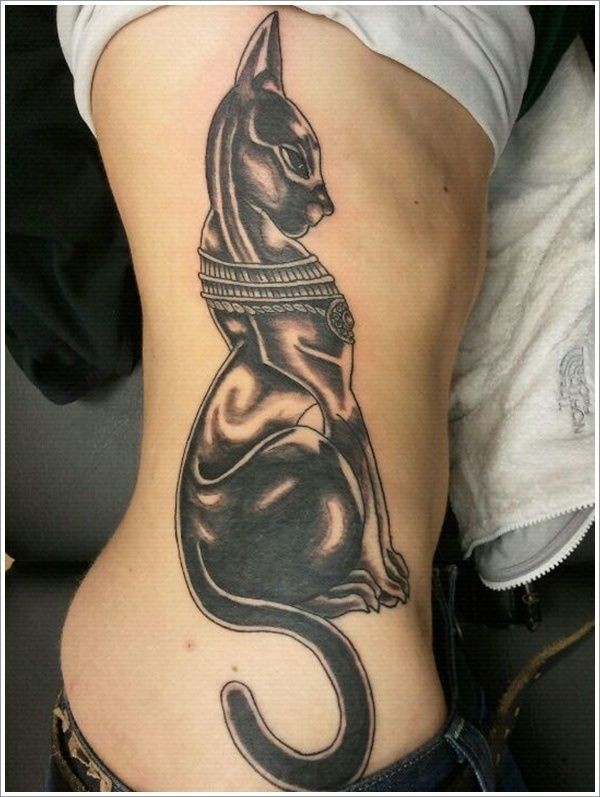 Black lovely egyptian cat tattoo on ribs