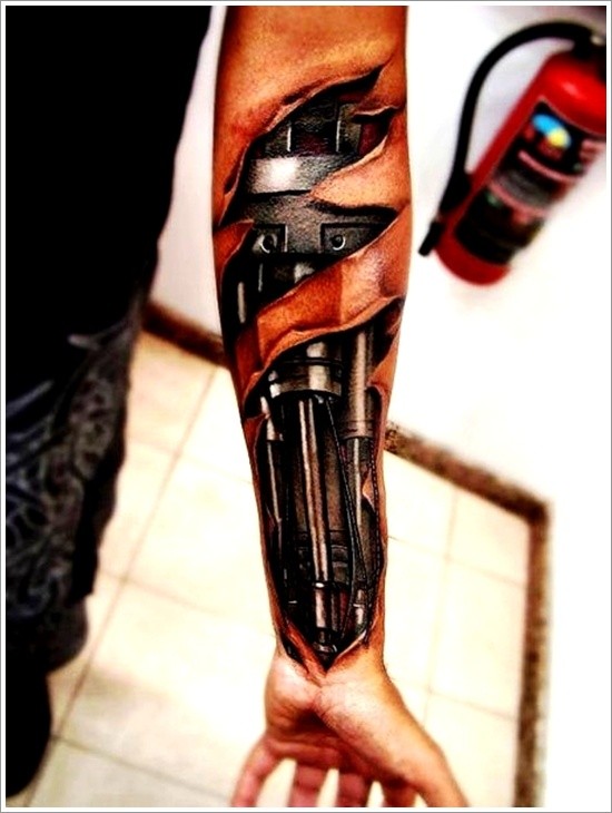 Black mechanism tattoo on arm